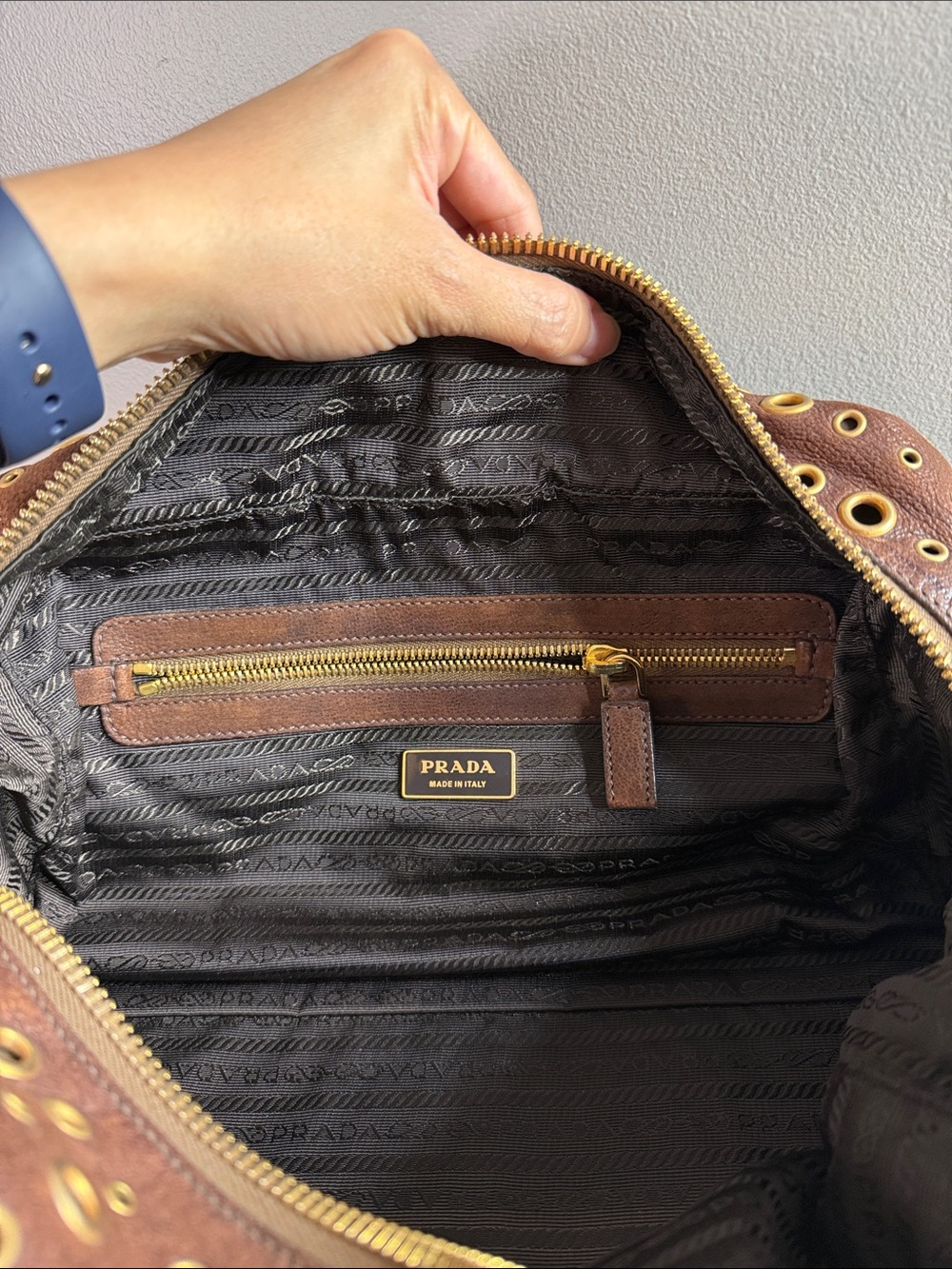 Prada Dark Brown Leather Grommet Satchel with Gold Hardware - Picture 10 of 12